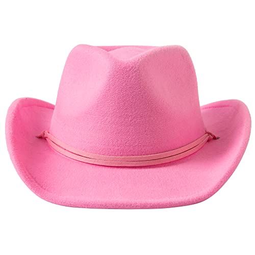 Jastore Kids Girls Boys Wide Brim Western Cowboy Cowgirl Hat With Wind Lanyard Felt Fedora Hat (Pink, 5-12 Years) #TOP2