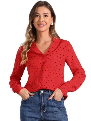 Allegra K Women Valentine Vintage Polka Dot Heart Print Button Down Top