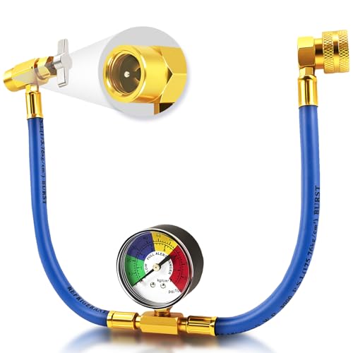 R134a Refrigerant Charging Hose with Pressure Gauge, 1/2’’ Self-Sealing Valve Can and R134a Low Side, R-134A AC Recharge Hose Kit Fits for Car AC Air Conditioning Refrigerant