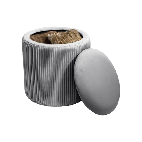 Image of INMOZATA Round Storage Ottoman, Velvet Storage Stool Upholstered Vanity Stool with Removable Lid, 37.5x39.5cm Foot Rest Stool for Living Room Bedroom (Grey)
