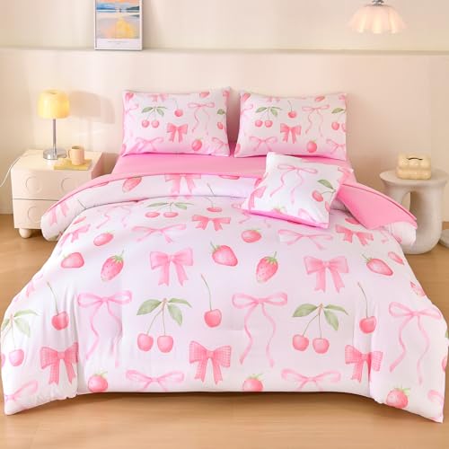 Tasselily 6 Pcs Bed in A Bag Pink Full Comforter Set for Girls,Bow Comforter Set,Cherry Strawberry Bedding Sets with Sheets for Kids