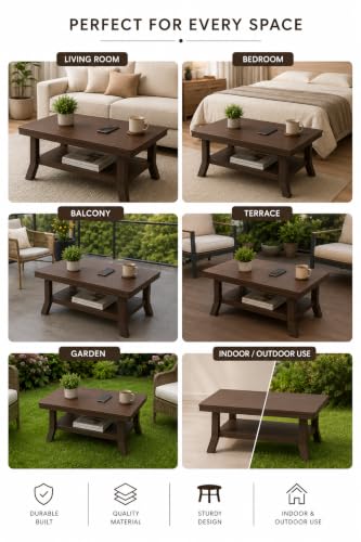 Image of ARWI Creations Royal Plastic Centre Table for Living Room with Storage Shelf, Coffee and Tea Table for Home, Balcony and Garden, Dark Brown, 82.5 x 52.5 x 42.5 cm