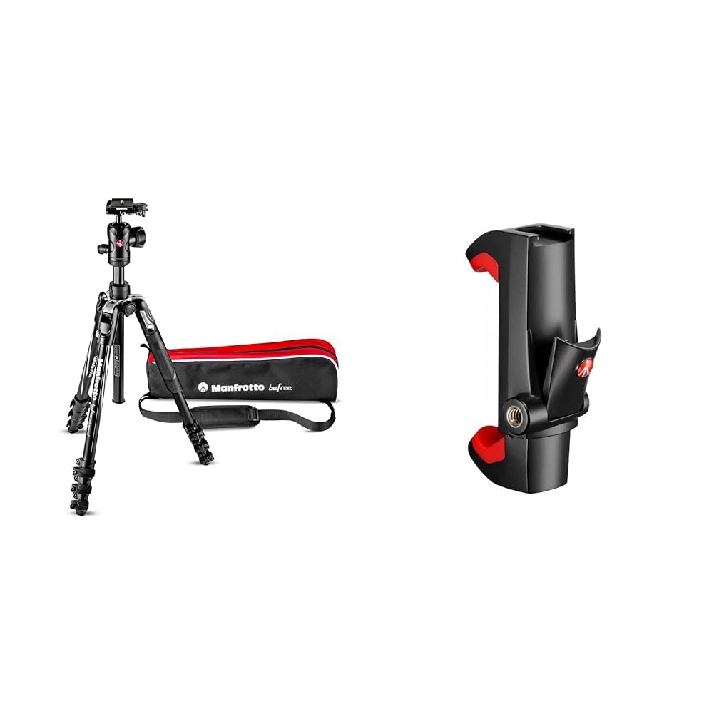 Manfrotto Befree Advanced Treppiede con Chiusura a Leva & Mcpixi Attacco Universale Per Smartphone, Versione Pro, Nero, ‎3.9 x 9.3 x 14.7 cm 41 grammi