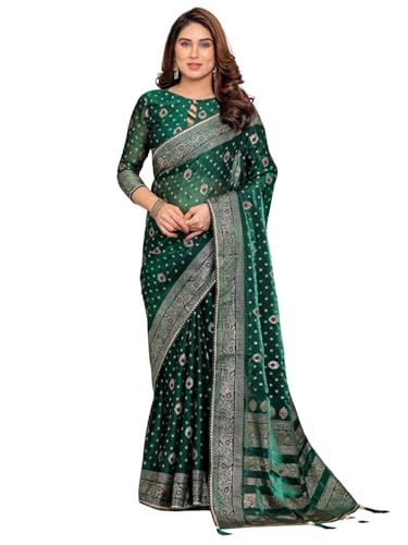 Image of ALMAARI FASHION Green Fendi Satin Foil Print Floral Saree with Tassels, Traditional Butti Motifs, 5.5m with 0.8m Blouse Piece