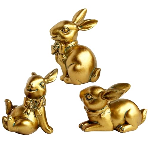 Basuo-9Q Easter Bunny Statues Hand-Painted Resin Gold Rabbit Figurine Tabletop Decor, Vintage Spring Decorations, Photo Props, Ornament, Gift (3, Gold)