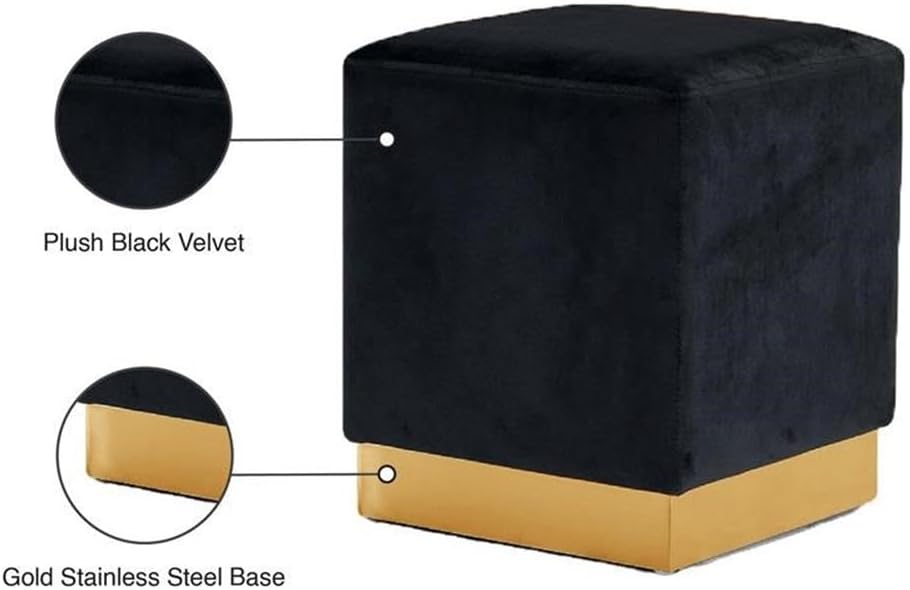 Meridian Furniture Jax Collection Modern | Contemporary Velvet Upholstered Ottoman/Stool with Durable Stainless Steel Base, 14.5" W x 14.5" D x 17.5" H, Black