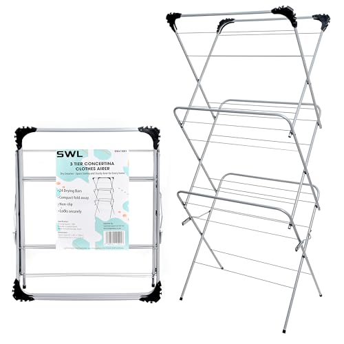 SWL 3 Tier Clothes Airer | Foldable Clothes Drying Rack for Indoor & Outdoor Use | Heavy Duty Steel Clothes Horse with 14m Drying Space & Hanger Slots | Compact Laundry Drying Stand