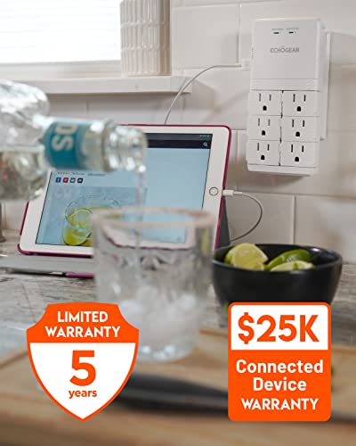 Echogear Wall Outlet With Usb Ports & Surge Protection - Power & Protect 8 Devices With 6 Rotating Ac Plugs & 2 Usb Ports - Includes 1X Usb-C Port & 1X Usb-A Port - White #TOP7