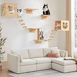 PETKABOO Cat Wall Shelves and Perches, Pine Wooden Cat Wall Furniture Climbing Shelves with Climber, Condo, Scratching Post, Ladder & Platform