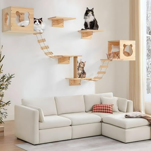 PETKABOO Cat Wall Shelves and Perches, Pine Wooden Cat Wall Furniture Climbing Shelves with Climber, Condo, Scratching Post, Ladder & Platform