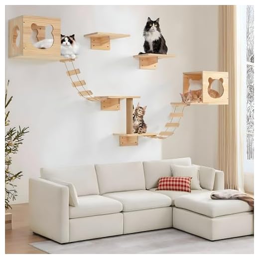 Cat Shelves and Perches for Wall, Cat Wall Furniture, Floating Cat Wood Climb Furniture, Cat Wall-Mounted Playing Climber, 2 Cat Houses & 4 Cat Shelves & 2 Ladders & 1 Cat Scratching Post