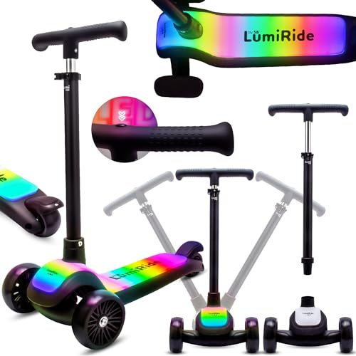 LUMI Ride Patinete niño Tres Ruedas Infantil Balance LED 3+ Negro, Plegable, Manillar Ajustable, Freno de Pie, Plataforma Antideslizante, Manillar Desmontable