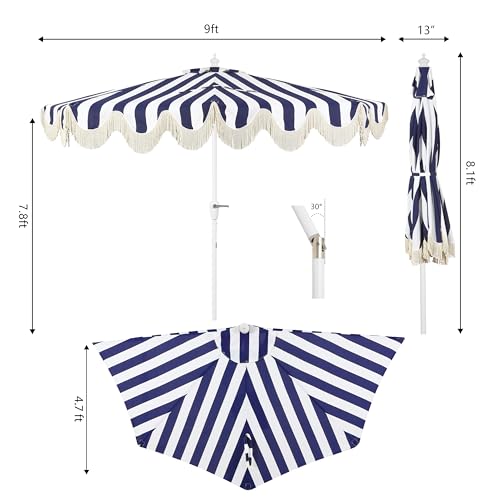 JONATHAN Y Beverly 9 ft. Coastal Navy and White Striped Half Patio Umbrella with Scalloped Fringe, Crank Lift, and Manual Tilt for Balcony, White Pole UMB1201I by JONATHAN Y - Used condition - Image 3