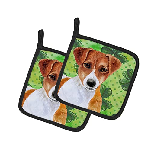 Caroline's Treasures BB9863PTHD Jack Russell Terrier St Patrick's Pair of Pot Holders, Green Kitchen Heat Resistant Pot Holders Sets Oven Hot Pads for Cooking Baking BBQ, 7 1/2 x 7 1/2