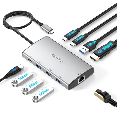 RSHTECH Koncentrator USB C 9 w 1 z HDMI 4K - stacja dokująca do laptopa z 2 typami C (USB 3.2), 4 type A (10 Gb/s i USB 3.0), 100 W PD, Gigabit Ethernet - stacja dokująca do MacBook Pro/Dell/Hp/Lenovo