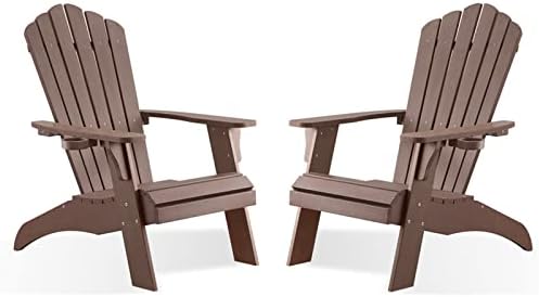 Psilvam Adirondack Chair, Oversized Poly Lumber Fire Pit Chair with Cup Holder, 350Lbs Support Patio Chairs for Garden, Weather Resistant Adirondack Chair Looks Like Real Wood (2, Brown)