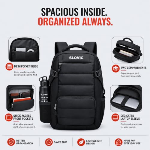 Image of SLOVIC Laptop Bag for Man & Woman | Backpack Bag for Man | Water Resistant Office Bags for Men with Spacious Main Compartment | Ideal for Office, College & Daily Use