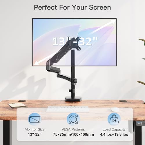 MOUNTUP 27inch Extra Long Monitor Arm, Single Desk Mount for 13-32 inch, Tall Monitor Stand Holds 19.8lbs, Height Adjustable Monitors Stand for Desk with C-Clamp/Grommet Base, Black