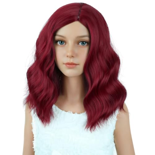 Image of PATTNIUM Wine Red Wig for Kids Girls Short Wine Red Wigs Side Part Shoulder Length Wavy Heat Resistant Synthetic Wig