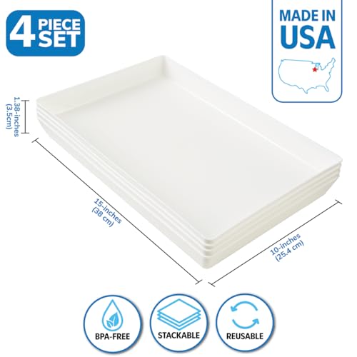 US Acrylic White Plastic Serving Trays (Set of 4) 15” x 10” | Large Unbreakable Reusable Rectangular Party Platters | Serve Appetizers, Fruit, Veggies, & Desserts | BPA-Free & Made in USA - Image 3