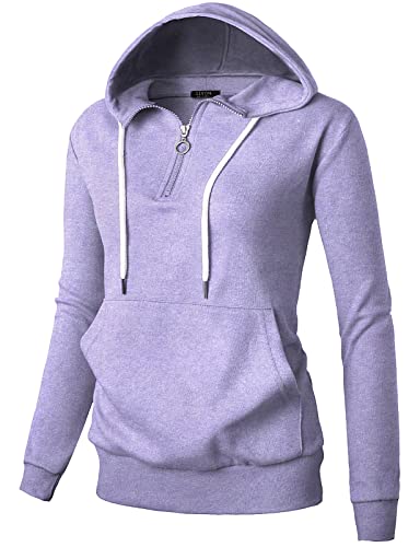 GIVON Womens Quarter Zip Pullover Hoodie 1/4 Zip Up High Neck Lavender Hoodies Sweatshirt Lightweight Thin Cotton Blend / DCF201-LAVENDER-XL