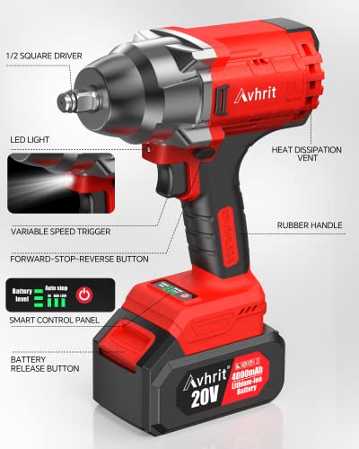 Avhrit Impact Wrench 1/2 Inch, 700Ft-Lbs (950Nm) Brushless Impact Wrench/ 2X 4.0Ah Battery, Electric Impact Gun For Car, Home #TOP6