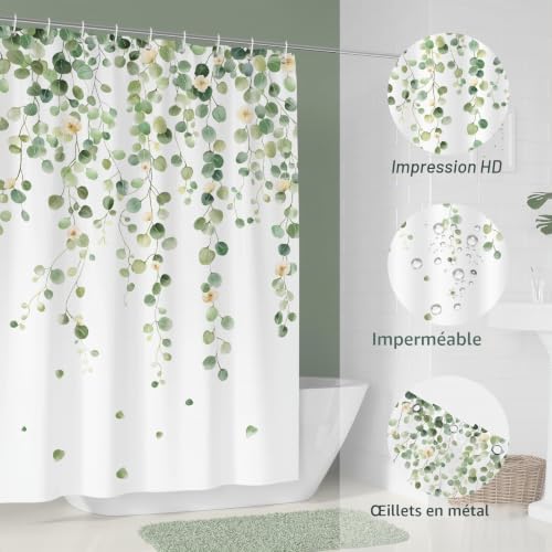 Dazzlewall Rideau de Douche Feuilles Vertes d’Eucalyptus 180x180cm, Rideaux de Douche Tissu Polyester Imperméable Anti Moisissure Lavable pour Baignoire et Bain avec 12 Crochets – vue 6