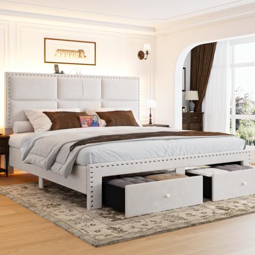 Image of Queen Bed Frame with 2 Storage Drawers, Velvet Upholstered Platform Bed Frame Queen Size with Charging Station, Wooden Slats Support, Noise-Free, No Box Spring Needed, Easy Assembly, White