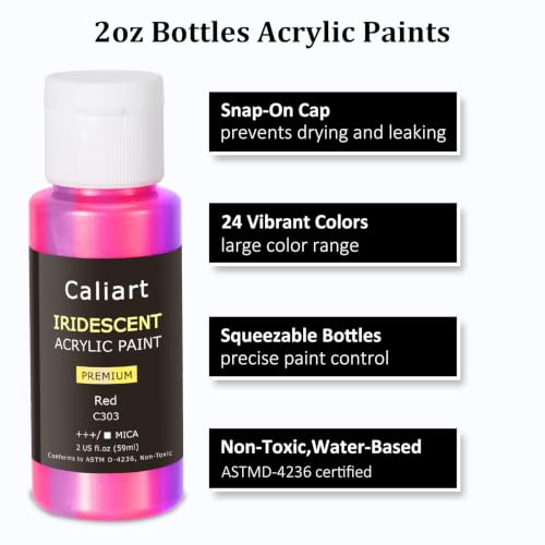 Image of Caliart 24 Chameleon Colors Iridescent Acrylic Paint Set with 12 Brushes ﻿ | Craft Painting kit for Adults Artists Beginners, Rich Pigment Non-toxic, Canvas Wood Rock Pumpkin Ceramic Art Supplies Paint