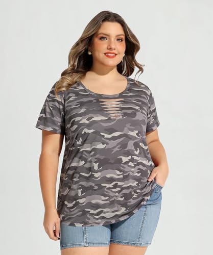 Image of CARCOS Plus Size Tops for Women Short Sleeve Shirts Basic Tee Solid Color Blouse V Neck Tunic Loose Fit Tshirts Summer XL-5XL