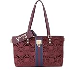 v73 Larghezza: 12 cm Shopping bag realizzata in velluto con ricamo all over, personalizzata con fiorone metallico e nastro centrale.