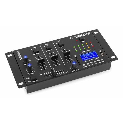 Vonyx STM3030 - Mezclador de 4 canales con reproductor de MP3 USB y tarjetas SD, conexión Bluetooth, funcion grabación en Wav, entrada para 2 micrófonos, talkover, 2 canales linea/phono, función cue