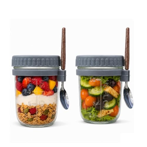 Image of Glass Mason Jars for Overnight Oats, 340 ml, Set of 2 | Leakproof, Airtight & Wide-Mouth Containers with Lids and Spoons | Thick Food-Safe Glass for Yogurt, Cereal and Snacks | Thick food-safe glass with airtight silicone seals and wide mouths for fresh, mess-free meals at home or on the go.
