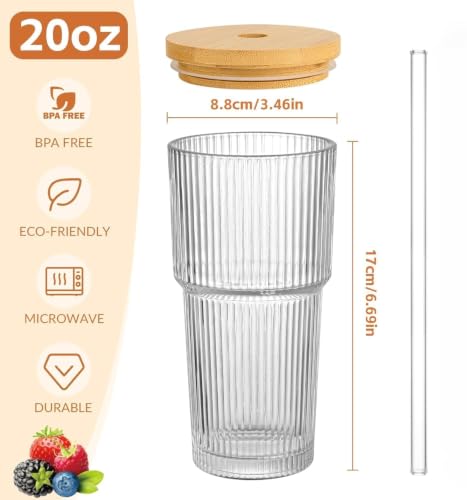 Image of FUNKYFINDS Glass Cups with Lids and Straws, 600 Ml Ribbed Glass Tumbler for Iced Coffee, Smoothie, Juice & Cold Drinks, Reusable Thick Glassware Set, Elegant Home & Travel Drinkware【1 Pack】