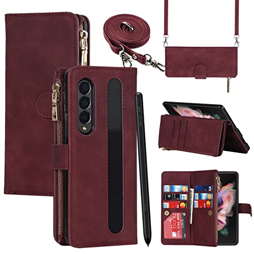 Jaorty Fit Samsung Galaxy Z Fold 4 5G Case Wallet With S Pen Holder For Women,Samsung Galaxy Z Fold 4 Phone Case With Card Holder,Crossbody Lanyard Strap Zipper Pu Leather Case For Z Fold 4,Burgundy #TOP13