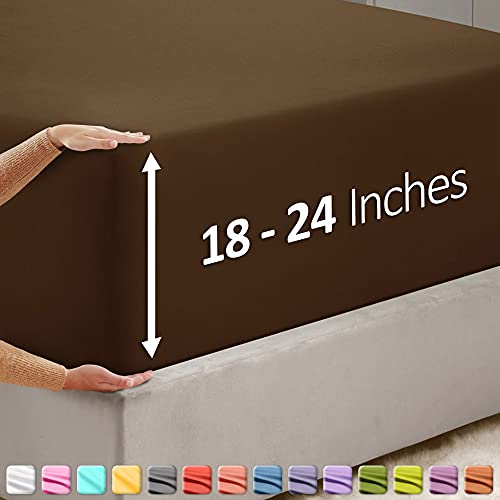 Image of Hearth & Harbor Extra Deep Pocket Full Fitted Sheet - Fits 18 to 24 Inch Mattress - Ultra Soft 1800 Microfiber, Wrinkle-Free & Breathable - Hotel Luxury Fitted Sheet Only, Brown