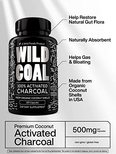 Wild Foods Activated Charcoal Capsules | 100% Organic Coconut Shells Active Tablets For Bloating Relief & Hangover Prevention | Lab Tested & Non-Gmo Detox Pills | Made In Usa (120 Capsules) #TOP5