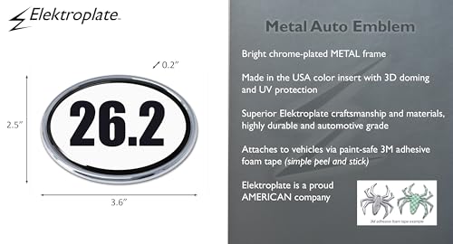 Image of Elektroplate 26.2 Black & White Marathon Metal Emblem for Cars, Trucks, and All Auto | Universal Fit at 3.6 inch x 2.5 inch | Weatherproof