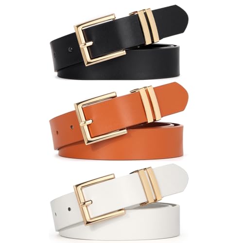 Rrwin 3 Pack Women Belts for Jeans Pants Dress Trendy Fashion Soft Faux Waist Leather Belt with Square Gold Buckle