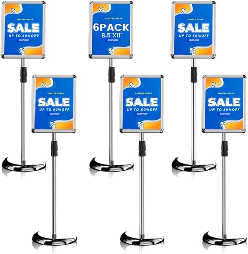 AceShow Sign Holder - 8.5 x 11 Inch Standing Floor Sign Stand for Vertical & Horizontal Sign Stand Displayed Pedestal Poster Holder, Snap Frame for School Church Business Show – Silver (6 Pack)
