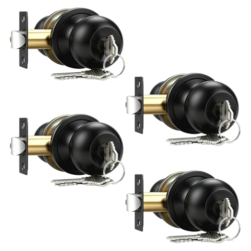 Brotima 4 Pack Door Knob with Lock and Key, Keyed Different Entry Door Knob, for Entrance and Front Door, Matte Black Door Knobs, Standard Ball