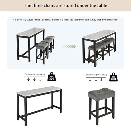 Image of 4-Piece Industrial Bar Table Set with Power Outlet, 3 Upholstered Stools for Kitchen, Game Room & Dining, Counter Height Pub Set (Grey 1+3 （2）)