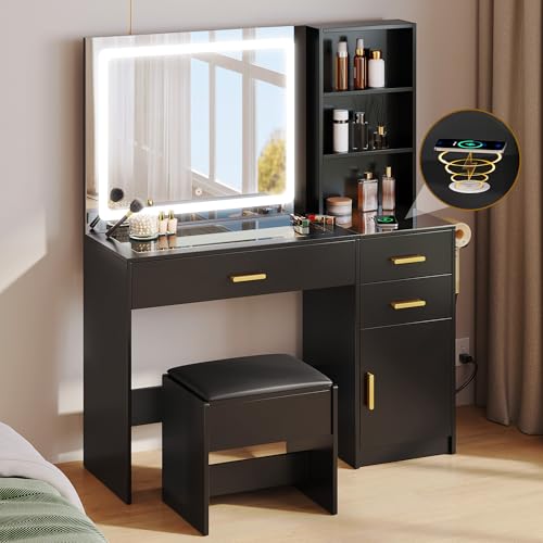 DWVO 45" W Vanity Desk w/Wireless Charging Station & Power Outlet, Mirror w/Lights Table Set with 4 Drawers, 3 Lighting Modes Brightness Adjustable for Bedroom Studio, Upgraded Black