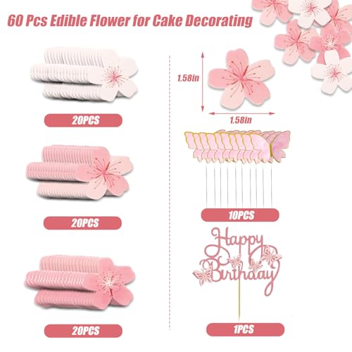 70PCS Edible Flowers Cake Toppers Decorations Flower Cupcake Toppers Happy Birthday For Various Cake Decorations Wedding Anniversary Party DIY Cake Decoration