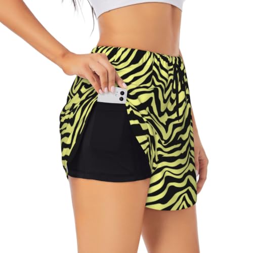 Lhjognezy Yellow and Black Zebra Animal Pattern Women's Athletic Shorts with Liner Pockets High Waisted Running Workout Gym Shorts Large