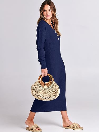 Image of ANRABESS Women Long Sleeve Button V Neck Oversized Casual Loose Fit Waffle Knit Fall Midi Sweater Dress 2026 Trendy Outfits