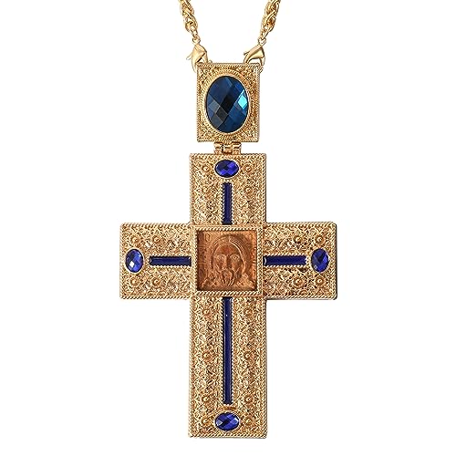 Nazareth Store Pectoral Cross Wooden Jesus Face Crucifix Pendant Icon Blue Crystallized Stones Elements Christian Priest Bishop Necklace 23