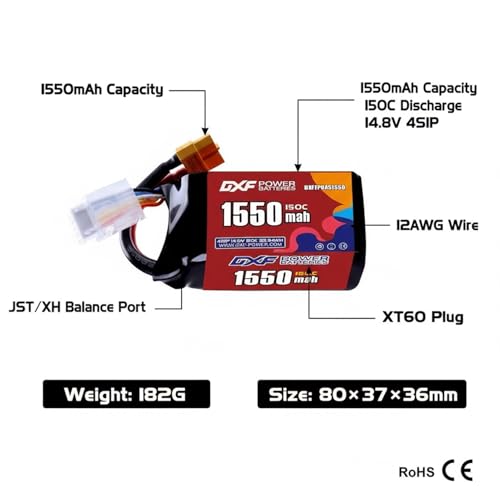 Batterie Lipo 4S DXF 1550mAh Evite la Surchauffe de Votre Drone FPV - Pack de 2