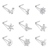 ZELORES 9Pcs 20G Nose Rings Studs Stainless Steel L Shaped Nose Rings For Women Men CZ Snowflake Sta