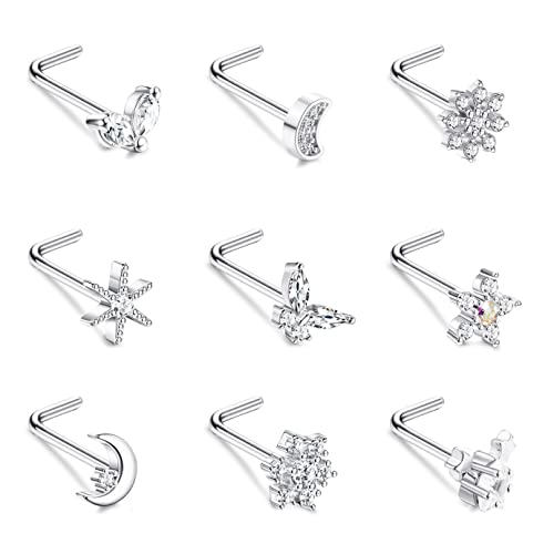 Zelores 9Pcs 20G Nose Rings Studs Stainless Steel L Shaped Nose Rings For Women Men Cz Snowflake Star Flower Butterfly Nose Studs Set Nose Piercing Jewelry(Silver) #TOP28